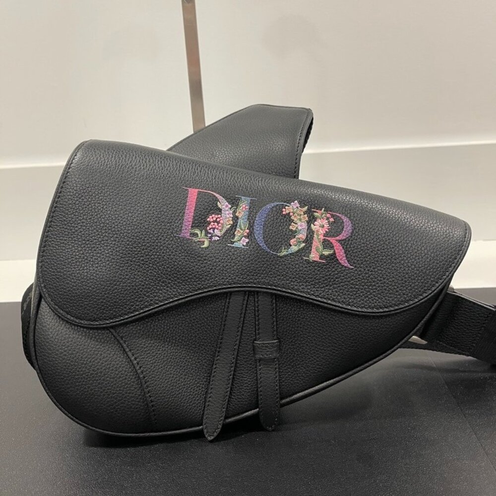 Dior Saddle Bag Black Grained Calfskin with Dior Flowers Signature Unisex (11546